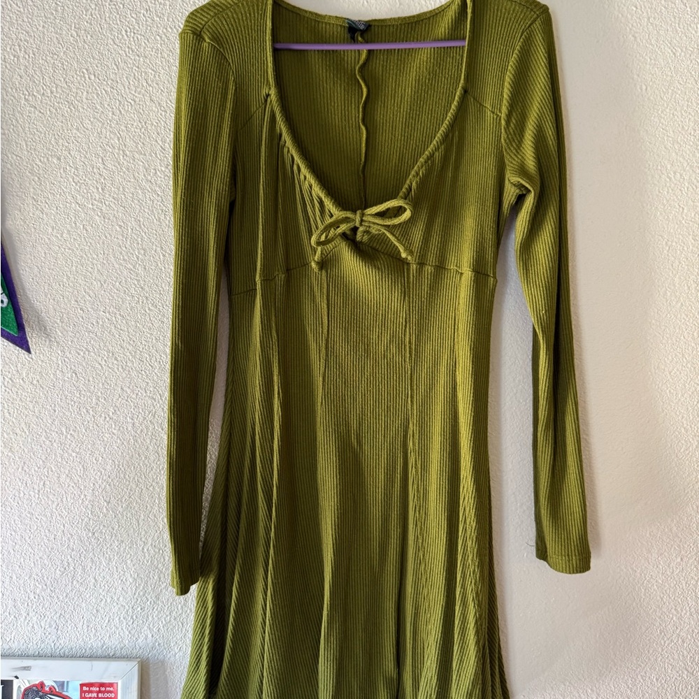 Target Olive Ribbed Long-Sleeve Tie-Front Dress